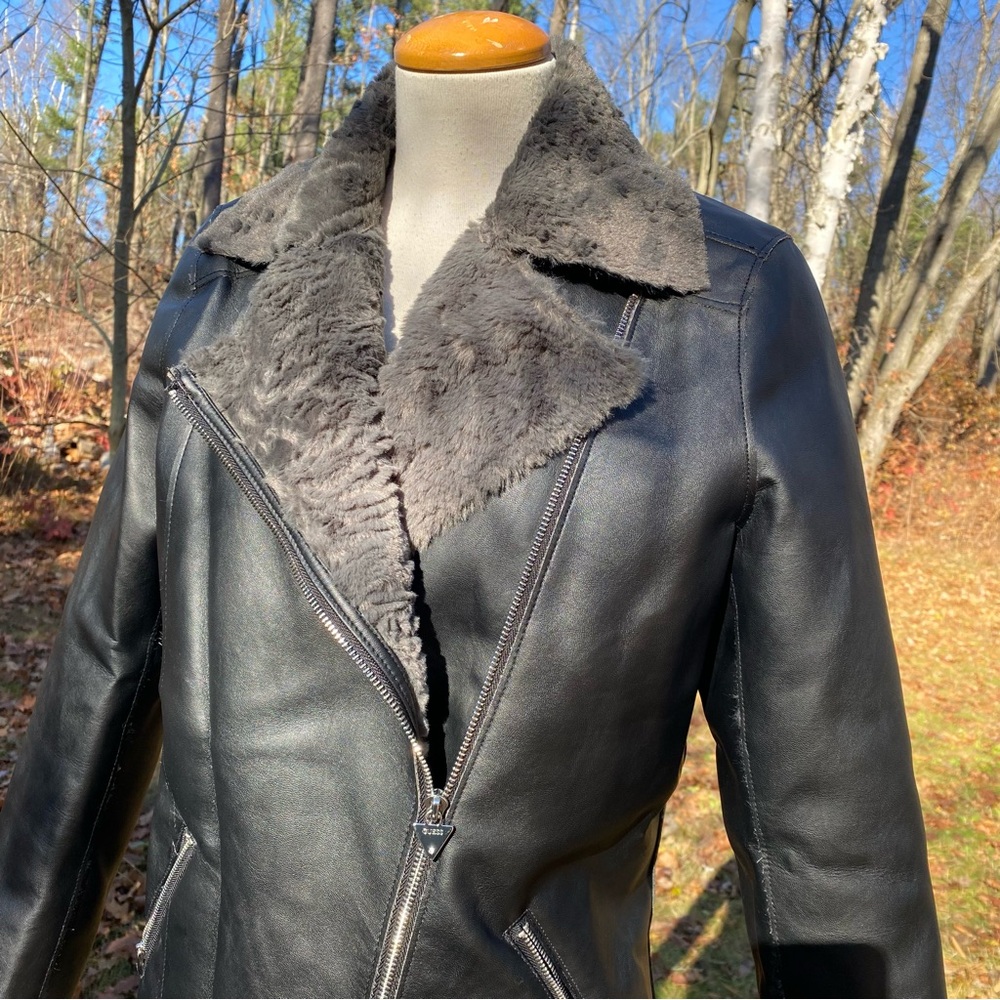 Guess faux leather faux fur lined coat in new condition